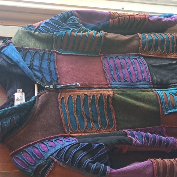 Ark Imports size Med heavy fleece lined multi color patchwork boho jacket - Picture 3 of 7